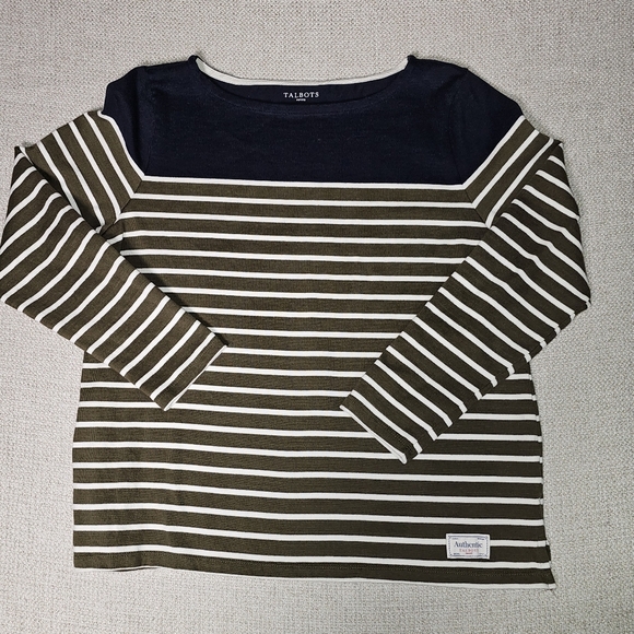 Talbots Color Block Striped Sweater Top 100% Cotton Long Sleeve Boat Neck Size L - Picture 7 of 13